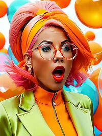 A 44 year old woman with pink hair and huge breasts wears an orange suit in a bubble factory