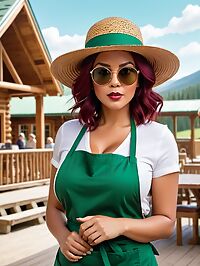 A seductive brunette with tanned skin sipping wine at a ski lodge in the afternoon sun