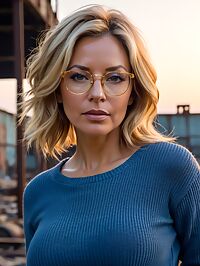 A 47 year old woman in plaid sweater and ripped jeans poses seductively at dusk in the abandoned factory yard