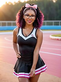 The woman 42 with ombre hair and glasses looks stunning in her black cheerleader uniform