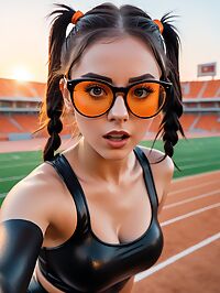 A 24 year old woman with pigtails and grey eyes performs in a stadium at dawn