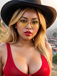 The large breasted woman stands tall in Kathmandus golden light