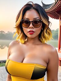 A 43 year old woman stands in a sunrise lit pagoda with her large breasts spilling over