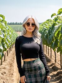 A woman with silver hair and large breasts poses sultrily amidst melons under the sun