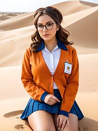 The 29 year old woman stands on the sandy dune showing her massive breasts