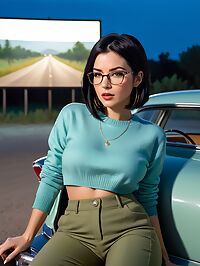 A 31 year old woman with inverted bobcut and brown eyes sits at a drive in cinema under twilight sky