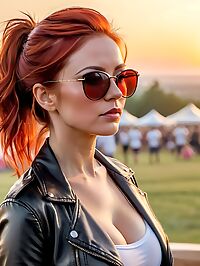 A stunning ginger haired woman dances at a music festival during sunset